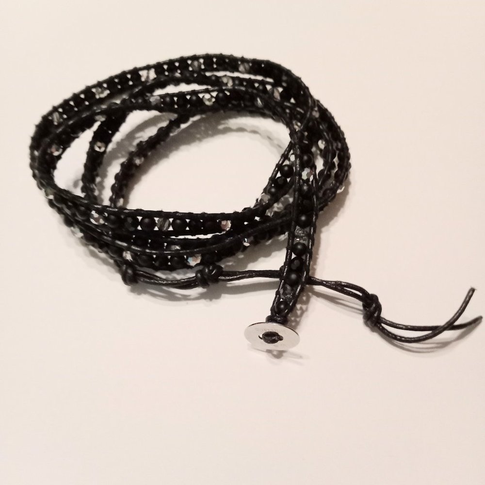 Victoria Emerson Black Leather Black Gray/Silver Beads Wrap Bracelet